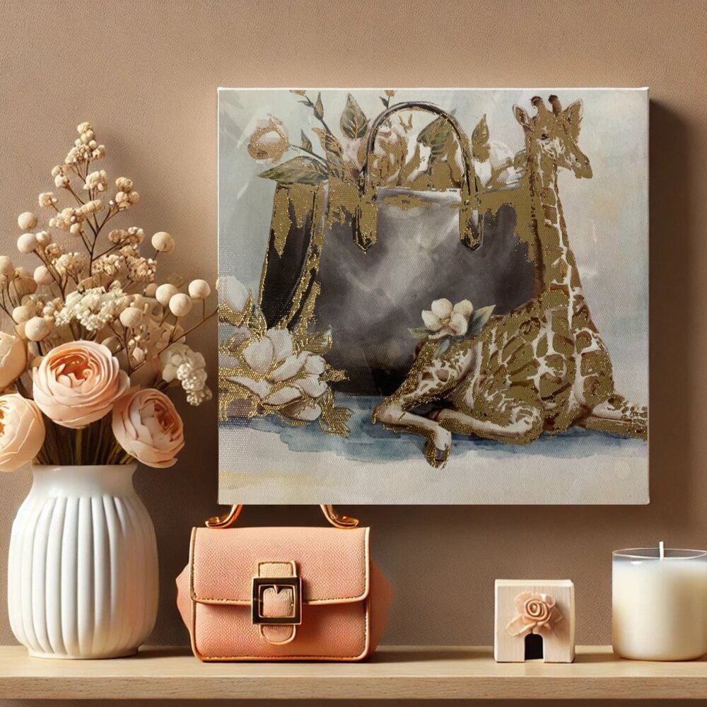 Gold Giraffe & Floral Handbag Small Canvas Wall Art – 7"x7"